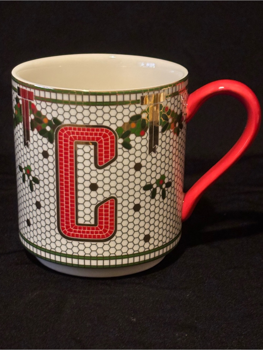 Anthropologie Festive Bistro Tile Stoneware Monogram “C” Mug